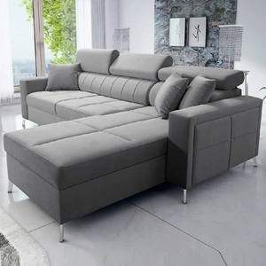 Ecksofa mit Schlaffunktion Nausa grau rechts Samt stilvolles bequemes Ecksofa verstellbare Kopfstützen Bettzeug Container