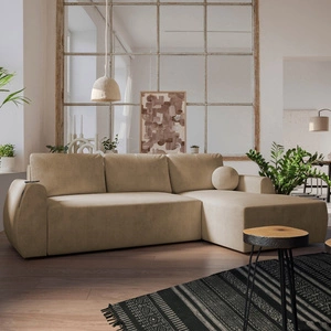 Ecksofa mit Schlaffunktion Colio dunkelbeige rechte Seite stilvolles Ecksofa mit interessanter Form dekorativer Kissenkugel