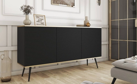 Kommode 160 cm Luxury schwarz elegantes Design stilvolle geriffelte Fronten Kommode Körper mit Gold trim schwarze Metallbeine gekrönt