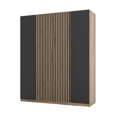 Kleiderschrank Kastano XIII 200 cm Eiche evoke / schwarz stilvolles Design Kante Griffe Schranktür mit Eiche evoke Lamellen verziert