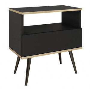 Luxuriöser Nachttisch mit Schublade schwarzer eleganter Designschrank mit goldener Zierleiste Schrank auf hohen Metallbeinen gestützt