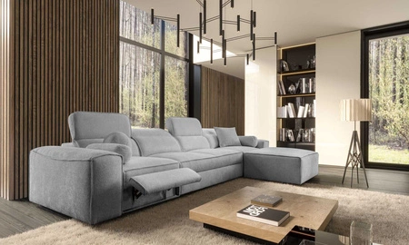 Ecksofa mit Schlaffunktion Viano XII Lux hellgrau rechtshändiges Designer-Ecksofa für das Wohnzimmer mit bequemer ausziehbarer Fußstütze