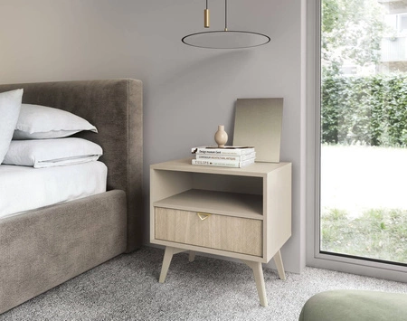 Wald Nachttisch beige / beige Fischgrät mit Schublade idealer Schlafzimmerschrank geschmackvolles Fischgrätdekor auf Schubladenfront