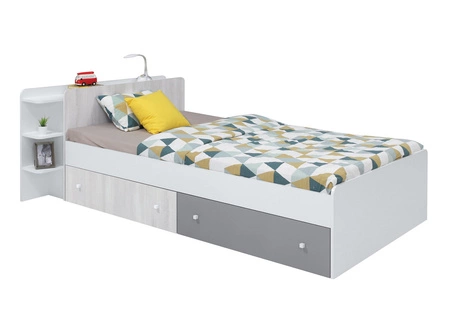 Bett mit Schubladen Arona 120x200 cm weiß / Eiche wilton weiß / grau modernes Design Bettumrandung mit speziellem ABS-Furnier verarbeitet