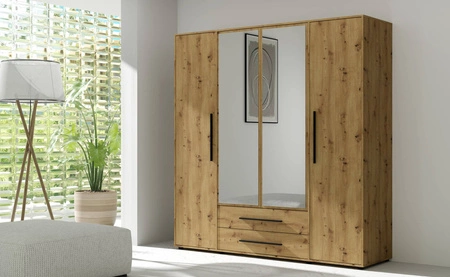 Spiegelschrank Maxione 198 cm Eiche handwerklich geräumiger Kleiderschrank für ein Schlafzimmer Jugendzimmer oder Flur mit Schubladen bereichert