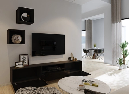 Mistra schwarz / schwarz glänzend universelle und stilvolle Schrankwand für das Wohnzimmer minimalistisches Design in einer modernen Umgebung