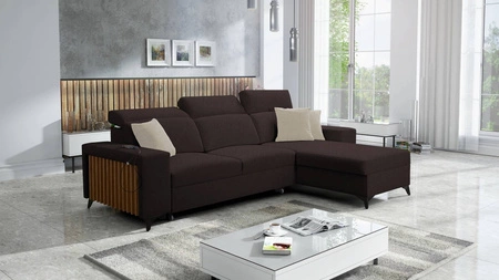 Kelly Ecksofa mit Schlaffunktion braun rechtsseitig geflochten Komfort und Funktionalität Eckseite mit Latten abgeschlossen