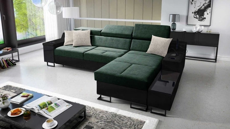 Ecksofa mit Schlaffunktion Alcamo grün/schwarz rechts elegantes und stilvolles Ecksofa mit einer ausziehbaren praktischen Schublade an der Seite des Möbels