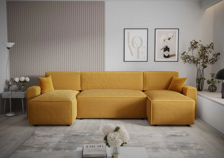 Ecksofa mit Schlaffunktion Brandon U Bis honigfarbener Bettkasten dreidimensionaler Stoff mit ausdrucksvollen Streifen weiche Armlehnen