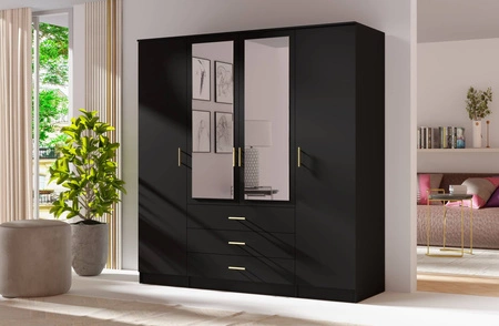 Kleiderschrank Adel 200 cm schwarz elegantes Design geräumiger Kleiderschrank mit Spiegel und Schubladen ideal für Schlafzimmer oder Flur Goldgriffe