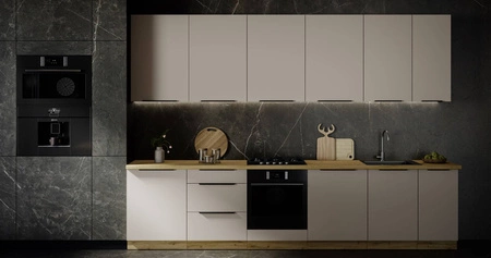 Küchenmöbelset Soela 330 cm elegante Küchenschränke in dezenten und natürlichen Farben Griffe mit Metallkante