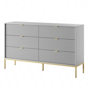 Kommode mit Schubladen Lovro 154 cm grau modernes Design wird Liebhaber von ausdrucksstarken Interieurs geriffelte Fronten Gold-Accessoires begeistern