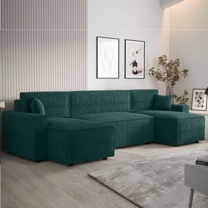 Ecksofa mit Schlaffunktion Brandon U Bis türkisfarbener Bettzeugcontainer Armlehnenstoff mit markanter Schlingenoberfläche