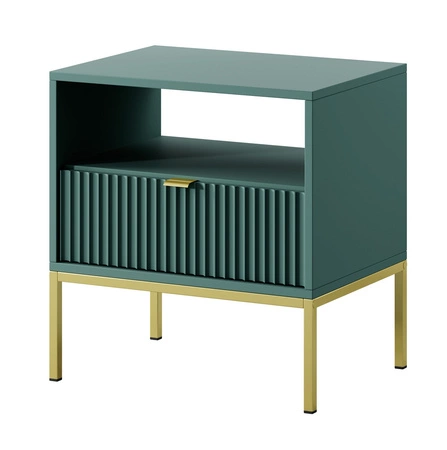 Lovro Nachttisch mit Schublade pastellgrün geschmackvolles geriffeltes Dekor idealer Schlafzimmerschrank goldenes Metallzubehör