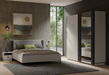 Möbelset für Schlafzimmer Estan beige/anthrazit Zeitloses Design Schlafzimmermöbel-Set geräumiger Schiebeschrank mit Spiegel