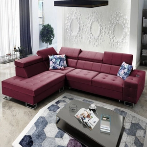 Ecksofa mit Schlaffunktion Hampton VII kastanienbraunes linkes Ecksofa für Zimmer aus Samtstoff mit glatter Oberfläche