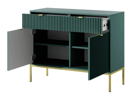 Möbelset Lovro pastellgrün modernes Design Wohnwand angereichert mit goldenem Metall Zubehör Wohnzimmermöbel