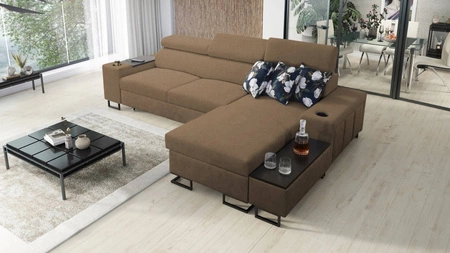 Ecksofa mit Schlaffunktion Flavio hellbraun rechts bequemes elegantes Ecksofa mit einer seitlich zu öffnenden Verlängerungsstange des Möbels