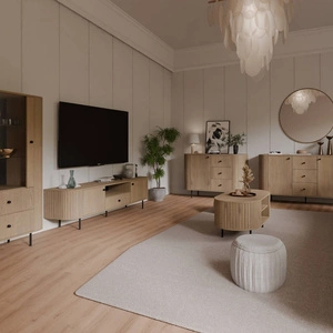 Möbel Set Ovalio Eiche Cremona stilvolle Schrankwand für das Wohnzimmer Elemente der ungewöhnlichen ovalen Form mit sorgfältigen Fräsen verziert