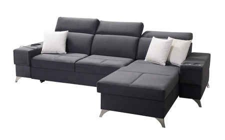 Ecksofa mit Schlaffunktion Elgin schwarzes rechtes Ecksofa mit verstellbaren Kopfstützen praktische Schubladen in den Seiten des Möbels