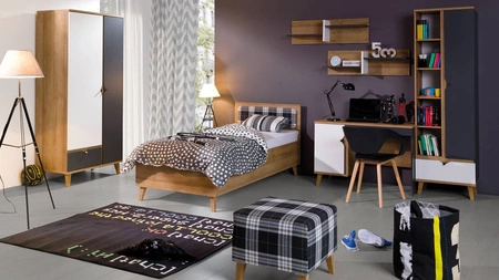 Bett Memone 90x200 cm Eiche Gold Bett mit Bettzeugablage ideal für Kinderzimmer im skandinavischen Stil gepolstertes Kopfteil