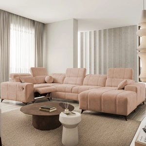 Ecksofa mit Schlaffunktion Penejos IV Lux lachsfarben rechts stilvolles Ecksofa mit bequemer ausziehbarer Fußstütze