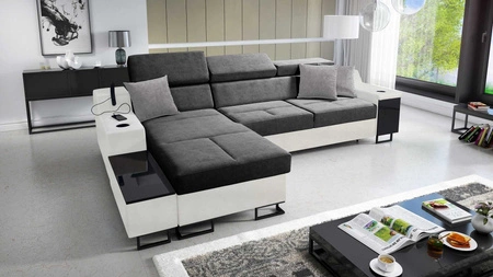 Ecksofa mit Schlaffunktion Alcamo grau/weiß links elegantes und stilvolles Ecksofa mit einer ausziehbaren praktischen Schublade an der Seite des Möbels