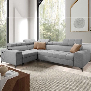 Ecksofa mit Schlaffunktion Bolmso II grau links Ecksofa mit Bettzeugcontainer Vollauszug in der Seite des Möbels