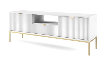 TV Schrank Lovro 154 cm weiß modernes Design wird Liebhaber von ausdrucksstarken Interieurs begeistern goldene Metall-Accessoires