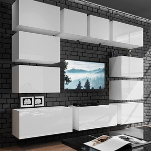 Lutro weiß / weiß glänzend unkonventionelle Schrankwand mit elegantem Charakter, ideal für ein Wohnzimmer oder einen Sitzungssaal