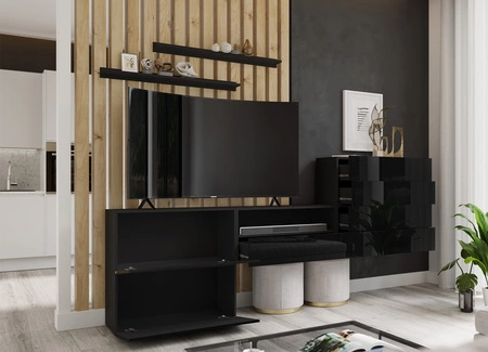 Möbelwand Agria schwarz / schwarz glänzend außergewöhnliches Design praktische Lösung ideal für jedes Wohnzimmer optisch vergrößert den Innenraum