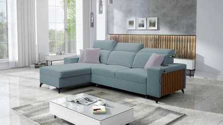 Ecksofa mit Schlaffunktion Kelly arctic blue linke Seite geflochten Komfort und Funktionalität Eckseite mit Latten abgeschlossen
