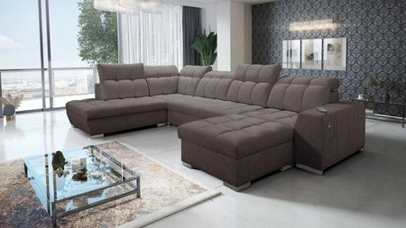 Ecksofa mit Schlaffunktion Luigi VI braun rechtsseitig stilvolles Ecksofa mit Bettzeugcontainern in weichem Stoff bezogen