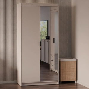Kleiderschrank mit Spiegel Rene 90 cm beige sand klassisches Design schlichte Form idealer Kleiderschrank für Schlafzimmer oder Flur ABS bearbeitete Kanten