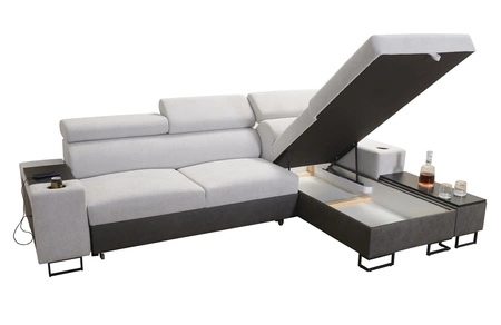 Ecksofa mit Schlaffunktion Flavio hellbraun rechts bequemes elegantes Ecksofa mit einer seitlich zu öffnenden Verlängerungsstange des Möbels