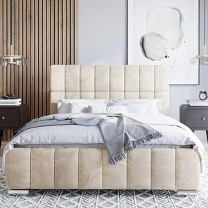 Polsterbett Amby 160x200 beige stilvolles Bett mit Bettzeugablage komfortables Kopfteil besticht durch sein elegantes Design