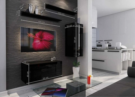Mit der Magnus-Hängeschrankwand in schwarzem Glanz können Sie Ihre Multimedia-Ecke äußerst modern einrichten