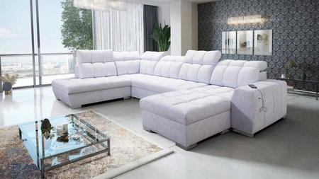 Ecksofa mit Schlaffunktion Luigi VI grau Esche rechts stilvolles Ecksofa mit Bettzeugcontainer mit weichem Stoff bezogen