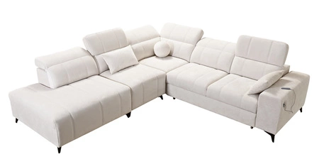 Ecksofa mit Schlaffunktion Penejos IX grün linke Seite stilvolles Ecksofa mit Bettzeugcontainern komfortable verstellbare Kopfstützen