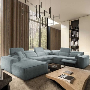 Ecksofa mit Schlaffunktion Viano VIII Lux grau blau links Design-Ecksofa mit ausziehbarem Fußteil Bettzeug-Container