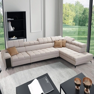 Ecksofa mit Schlaffunktion Bolmso XI beige rechte Seite stilvolles Design Ecksofa mit Schublade und Bettzeugcontainer