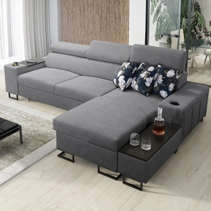 Ecksofa mit Schlaffunktion Flavio grau rechts Komfort elegantes Ecksofa mit einer seitlich zu öffnenden Verlängerungsstange des Möbels