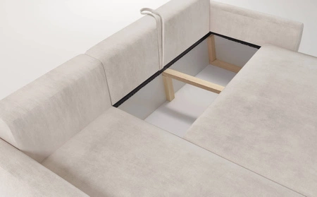 Ecksofa mit Schlaffunktion Colio creme linke Seite stilvolles Ecksofa mit interessanter Form Veloursstoff Zierkissen Ball