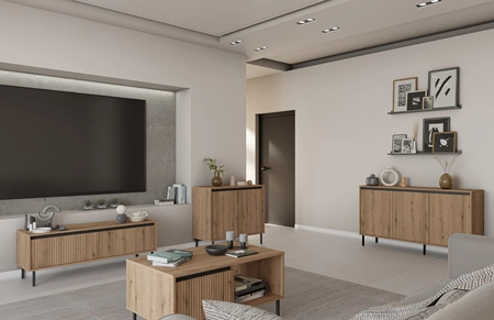 Osaka Kommode 149 cm Eiche evoke / schwarz minimalistisches Design perfekter Vorschlag für Wohnzimmer und Schlafzimmer Kommode geschmackvoll geriffelte Front