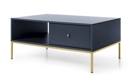 Couchtisch Mono Dunkelblau Mit Schubladen minimalistisches Design Tischplatte beständig gegen verschüttete Flüssigkeiten goldene metallische Elemente