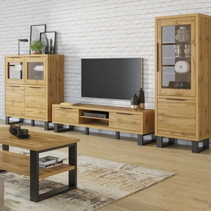 Halle Eiche wotan Wohnzimmer Möbel Set stilvolles Design stabiles Metall Basis Kante Griffe Loft-Stil Möbel