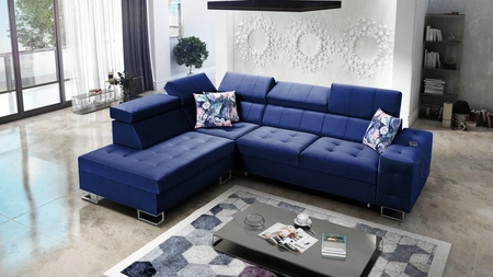 Ecksofa mit Schlaffunktion Hampton VII navy blue linkes Ecksofa für Zimmer aus Samtstoff mit glatter Oberfläche