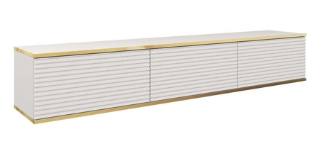 TV-Lowboard Luxury 175 cm Weiß Stilvolle geriffelte Front Korpus verziert mit einer goldenen Leiste begeistert Liebhaber eleganter Arrangements