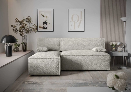 Ecksofa mit Schlaffunktion Brandon Creme linke Seite weicher Stoff mit charakteristischer Schlingenoberfläche Bettzeugbehälter