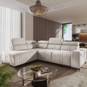 Ecksofa mit Schlaffunktion Castel VII beige linke Seite stilvolles Ecksofa mit Bettzeugablage und verstellbaren Kopfstützen